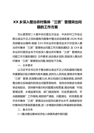 XX乡深入整治农村集体“三资”管理突出问题的工作方案