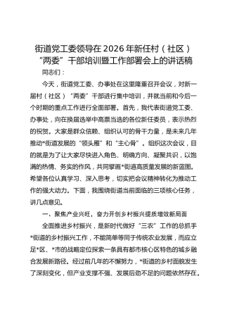 街道党工委领导在2026年新任村（社区）“两委”干部培训暨工作部署会上的讲话稿