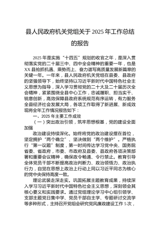 县人民政府机关党组关于2025年工作总结的报告