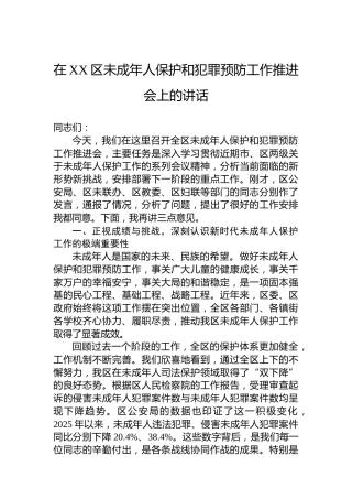 在XX区未成年人保护和犯罪预防工作推进会上的讲话