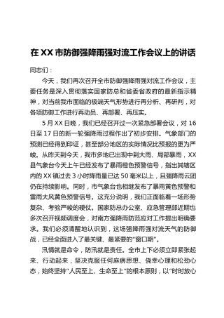 在XX市防御强降雨强对流工作会议上的讲话
