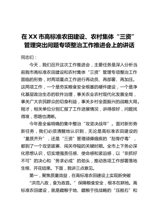 在XX市高标准农田建设、农村集体“三资”管理突出问题专项整治工作推进会上的讲话