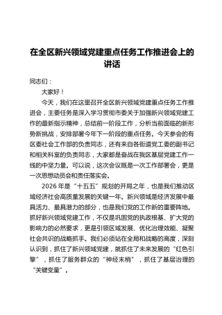 在全区新兴领域党建重点任务工作推进会上的讲话