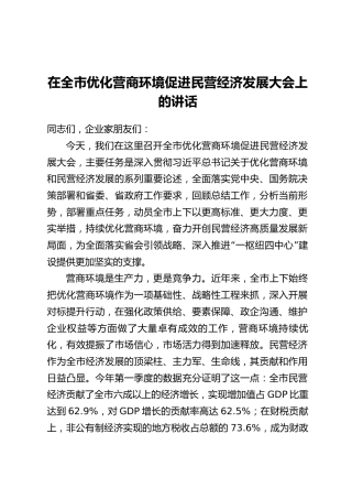 在全市优化营商环境促进民营经济发展大会上的讲话