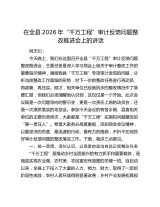 在全县2026年“千万工程”审计反馈问题整改推进会上的讲话