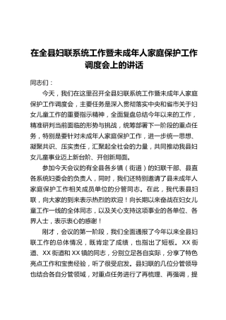 在全县妇联系统工作暨未成年人家庭保护工作调度会上的讲话