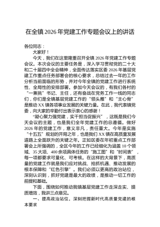在全镇2026年党建工作专题会议上的讲话