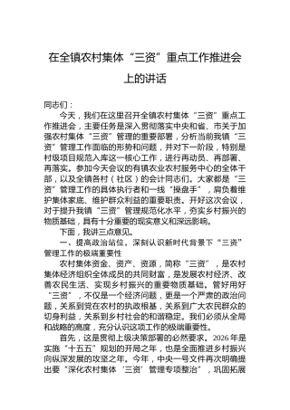 在全镇农村集体“三资”重点工作推进会上的讲话