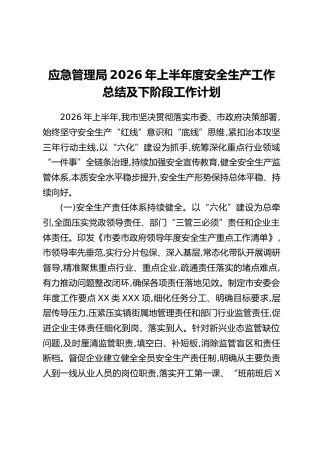 应急管理局2026年上半年度安全生产工作总结及下阶段工作计划