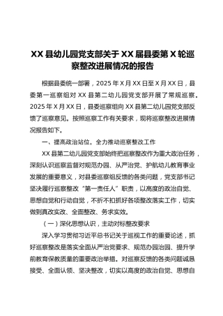 XX县幼儿园党支部关于XX届县委第X轮巡察整改进展情况的报告