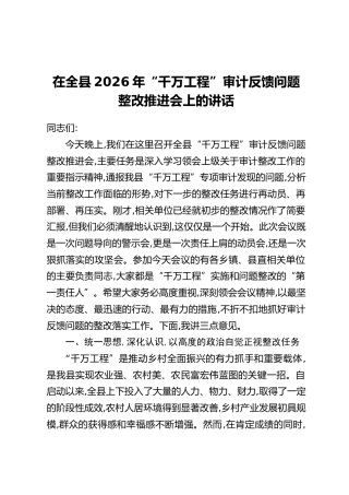 在全县2026年“千万工程”审计反馈问题整改推进会上的讲话