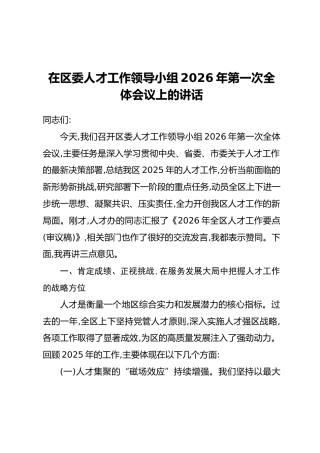 在区委人才工作领导小组2026年第一次全体会议上的讲话