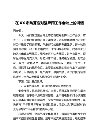 在XX市防范应对强降雨工作会议上的讲话