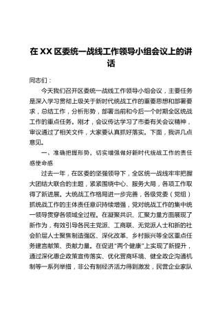 在XX区委统一战线工作领导小组会议上的讲话