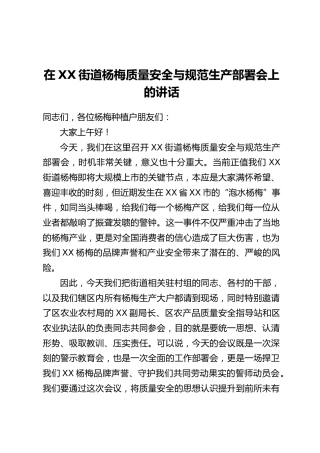 在XX街道杨梅质量安全与规范生产部署会上的讲话