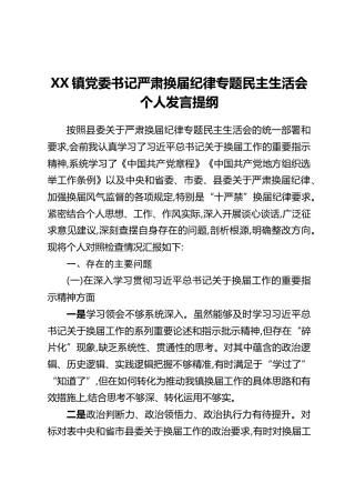 XX镇党委书记严肃换届纪律专题民主生活会个人发言提纲
