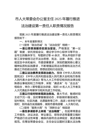 市人大常委会办公室主任2025年履行推进法治建设第一责任人职责情况报告