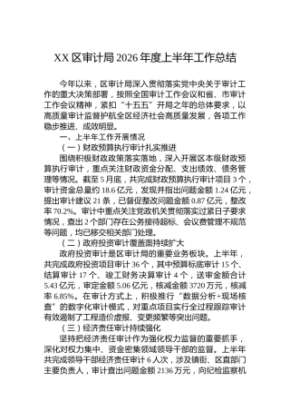 XX区审计局2026年度上半年工作总结