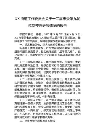XX街道工作委员会关于十二届市委第九轮巡察整改进展情况的报告