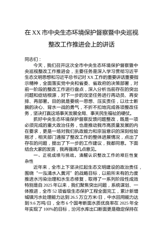 在XX市中央生态环境保护督察暨中央巡视整改工作推进会上的讲话