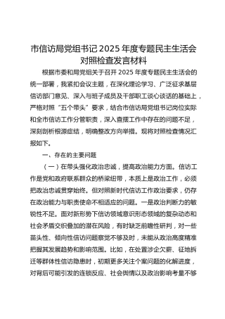 市信访局党组书记2025年度专题民主生活会对照检查发言材料