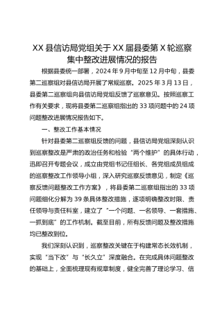 XX县信访局党组关于XX届县委第X轮巡察集中整改进展情况的报告