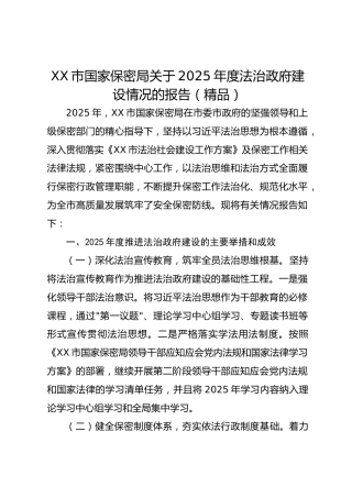 XX市国家保密局关于2025年度法治政府建设情况的报告