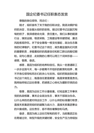 国企公司纪委书记任职表态发言