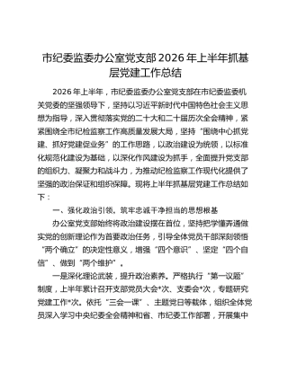 市纪委监委办公室党支部2026年上半年抓基层党建工作总结