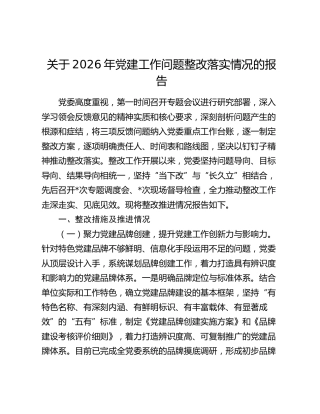 关于2026年党建工作问题整改落实情况的报告
