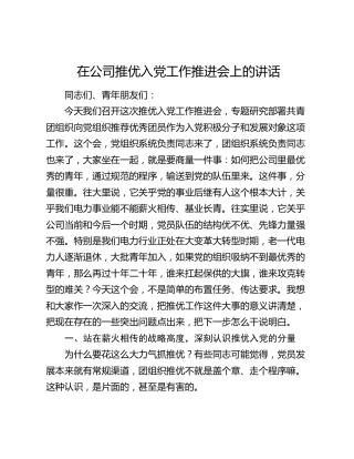 在公司推优入党工作推进会上的讲话