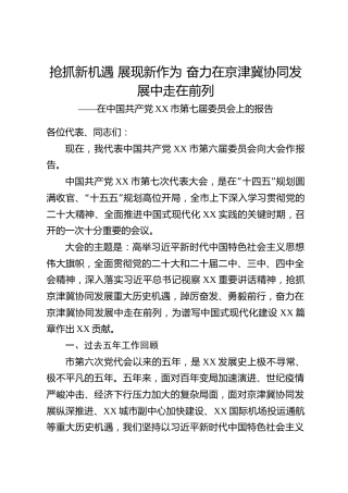 京津冀协同型市委党代会五年换届工作报告