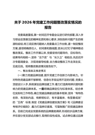 关于2026年党建工作问题整改落实情况的报告