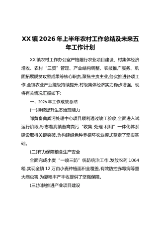 XX镇2026年上半年农村工作总结及未来五年工作计划