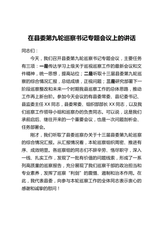 在县委第九轮巡察书记专题会议上的讲话
