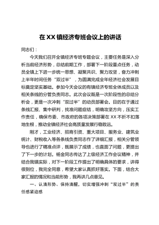 在XX镇经济专班会议上的讲话