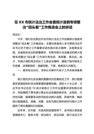 在XX市统计法治工作会暨统计造假专项整治“回头看”工作推进会上的讲话