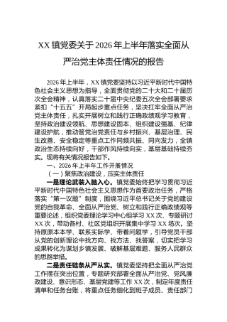 XX镇党委关于2026年上半年落实全面从严治党主体责任情况的报告
