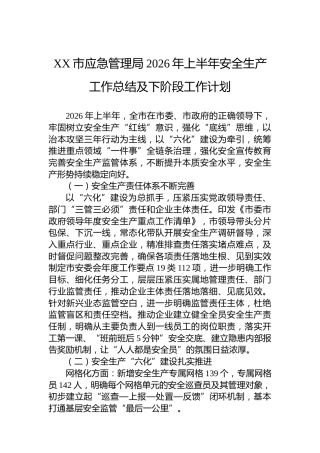 XX市应急管理局2026年上半年安全生产工作总结及下阶段工作计划