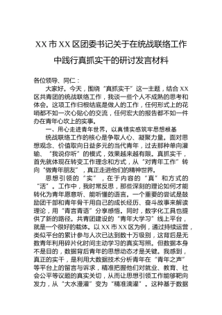 XX市XX区团委书记关于在统战联络工作中践行真抓实干的研讨发言材料