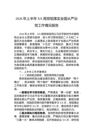 2026年上半年XX局党组落实全面从严治党工作情况报告