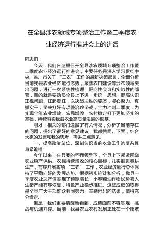 在全县涉农领域专项整治工作暨二季度农业经济运行推进会上的讲话