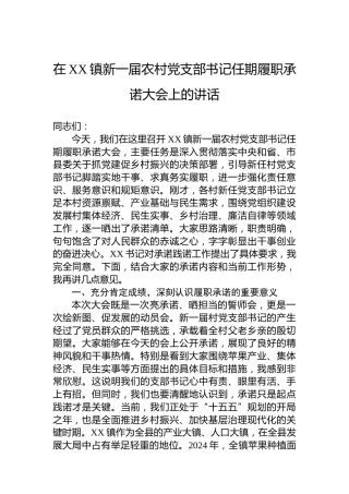 在XX镇新一届农村党支部书记任期履职承诺大会上的讲话