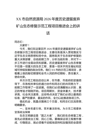 XX市自然资源局2026年度历史遗留废弃矿山生态修复示范工程项目推进会上的讲话