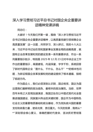 深入学习贯彻习近平总书记对国企央企重要讲话精神党课讲稿