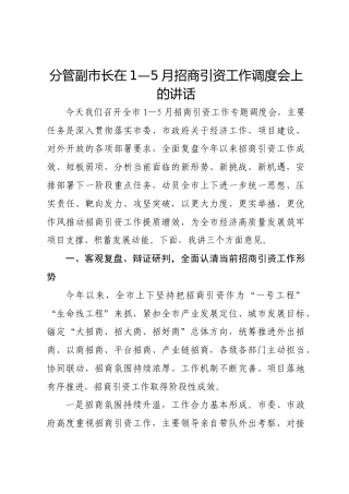分管副市长在1—5月招商引资工作调度会上的讲话