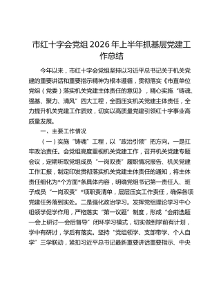 市红十字会党组2026年上半年抓基层党建工作总结