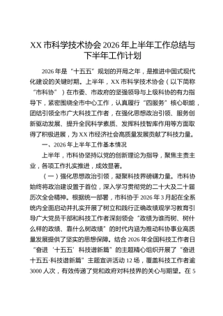 XX市科学技术协会2026年上半年工作总结与下半年工作计划