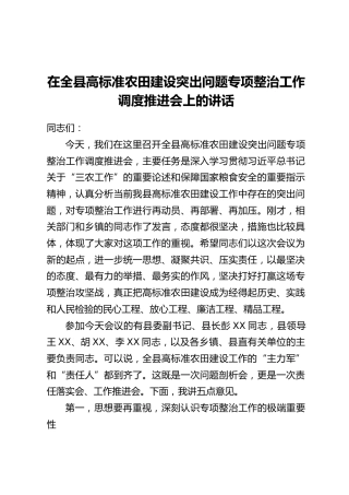 在全县高标准农田建设突出问题专项整治工作调度推进会上的讲话