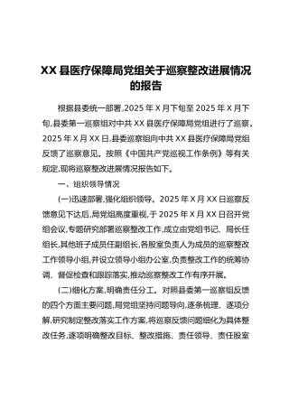 XX县医疗保障局党组关于巡察整改进展情况的报告